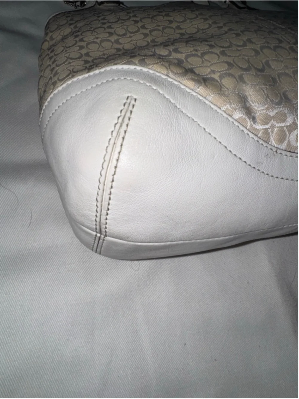 Coach Signature Jacquard Tote Cream White Leather Shoulder Bag Y2K